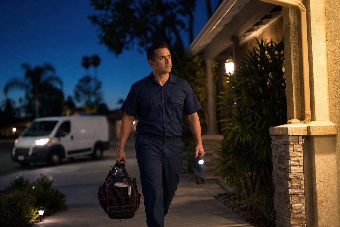HVAC technician arriving at a San Diego home for an evening service call
