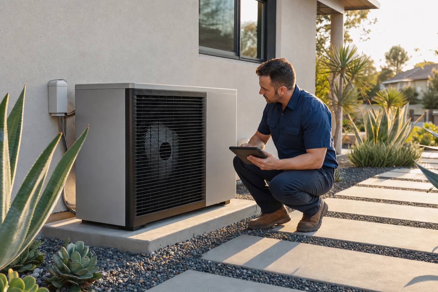 Technician logging a precision tune-up on a modern heat pump system