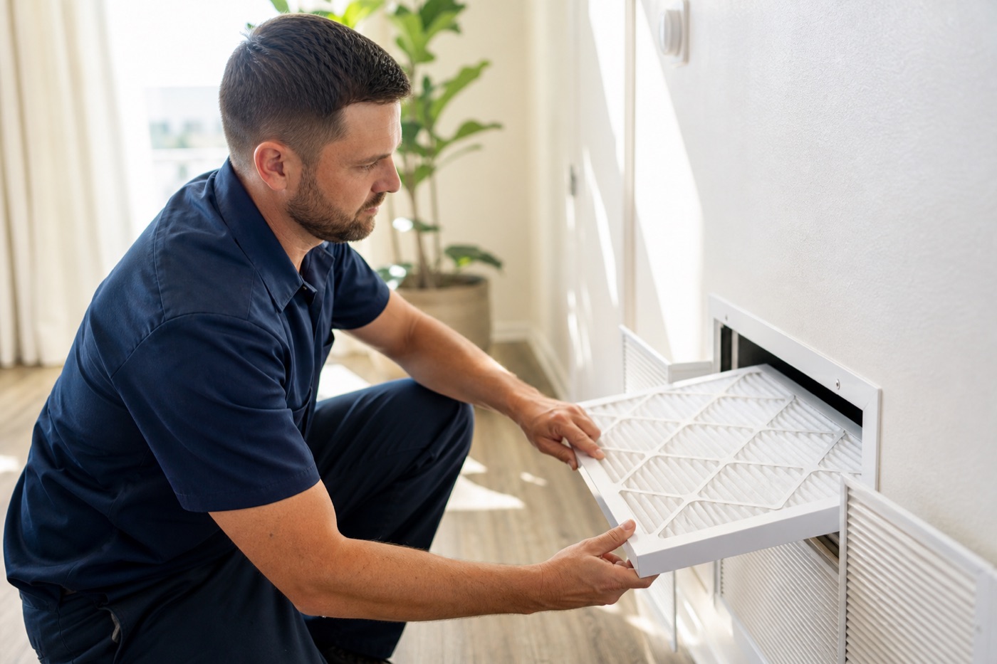 Technician placing a fresh air filter in a bright San Diego home